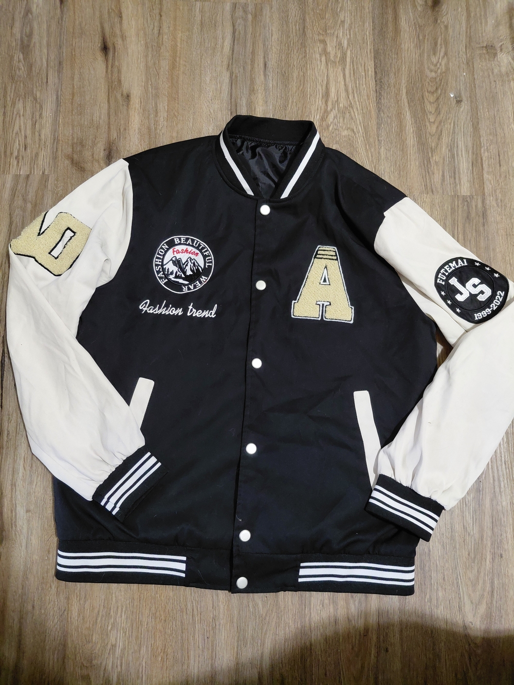 Men's SIZE L Black and Cream Varsity Jacket with Letterman Patches